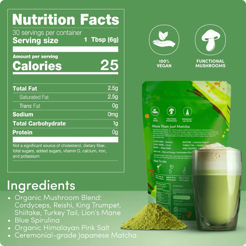 Mushroom Matcha bag contains - 180g 30 Serves